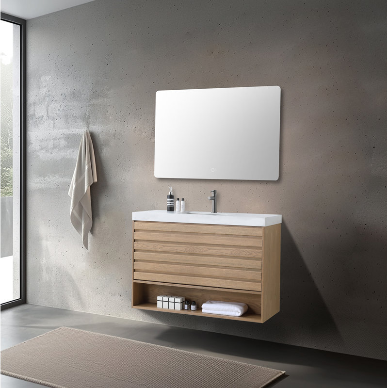 Meuble-lavabo de salle de bain en contreplaqué de chêne naturel 36 po avec plateau en pierre d'ingénierie Aleana MATera