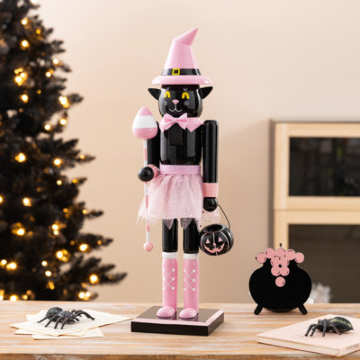 18.25"H Halloween Wood Pink Cat w/Ornament Nutcracker