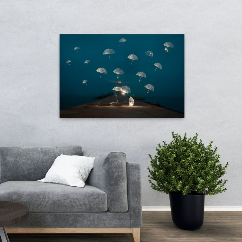 Nuit de parapluies flottants, art mural éthéré, H 32 po x l 48 po
