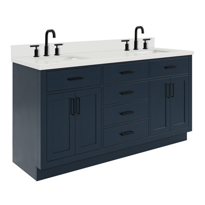 Thornaby 66'' Solid Wood Double Bathroom Vanity with 1.5'' White Quartz Top, Oval Sinks