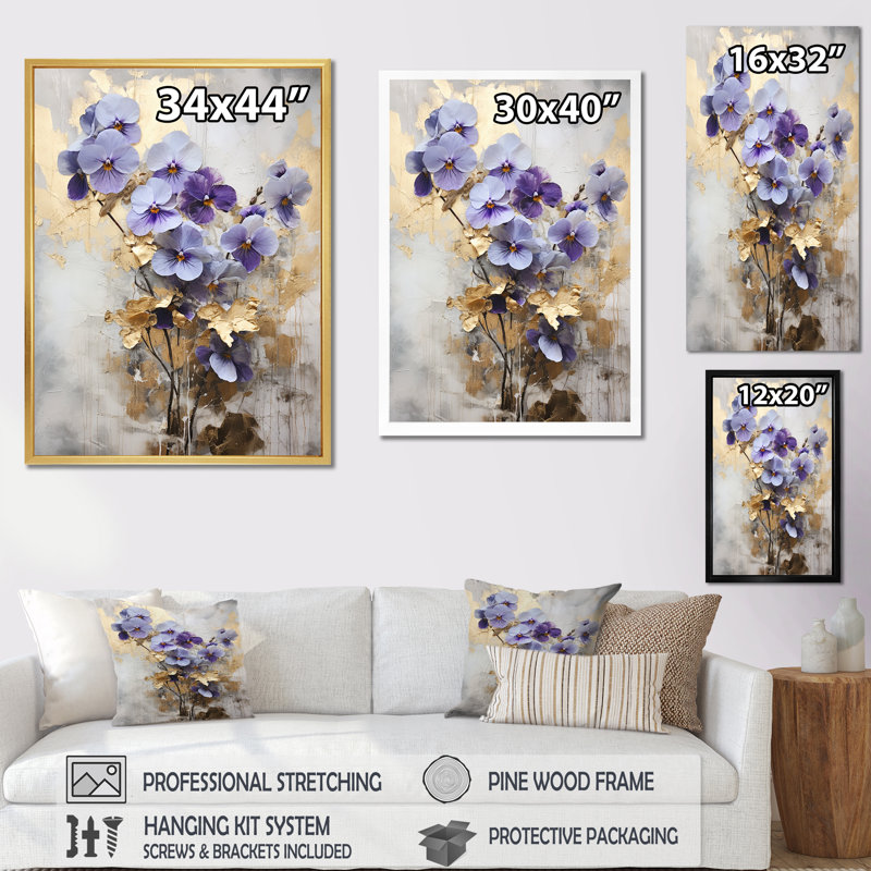 Violette ornée mauve et violette sur fond V, H 44 po x l 34 po x P 1,5 po, Cadre flottant noir
