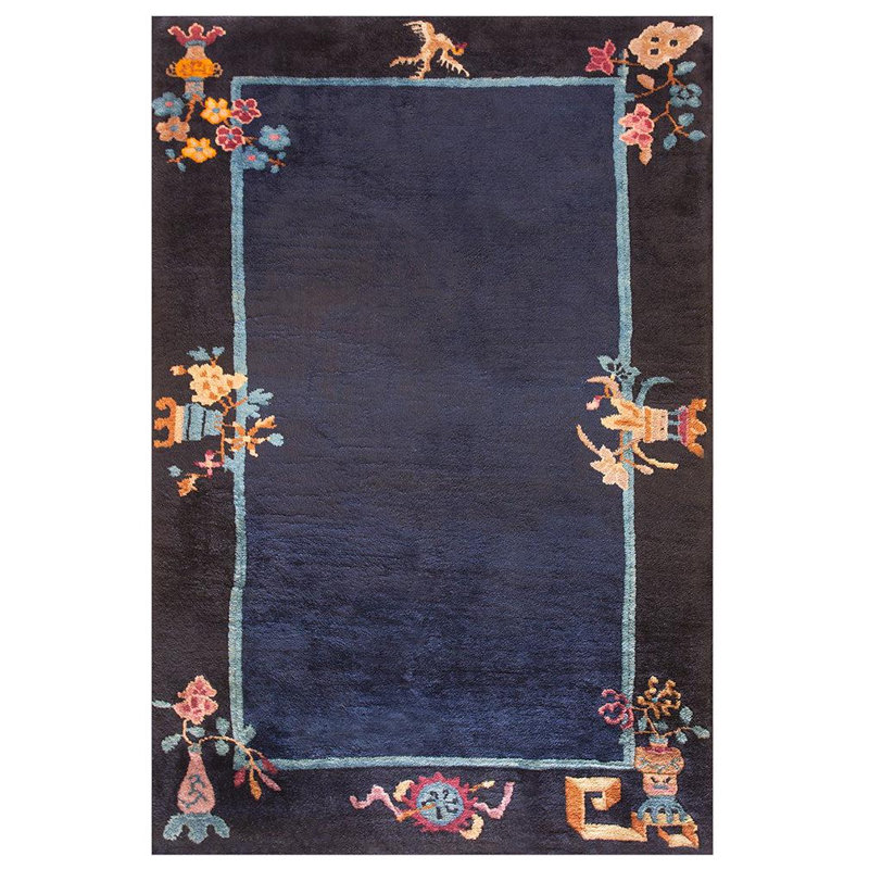 Tapis bleu antique en laine noué à la main des années 1930 et minimaliste 3 pi 0 po x 5 pi 4 po