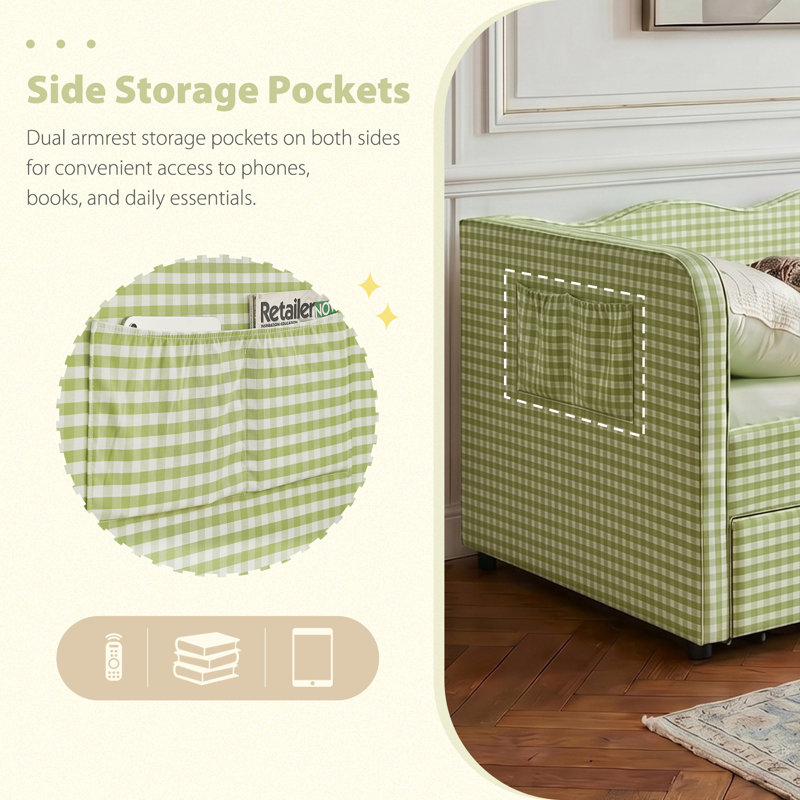 Canapé-lit convertible rembourré Gingham, Twin, Green