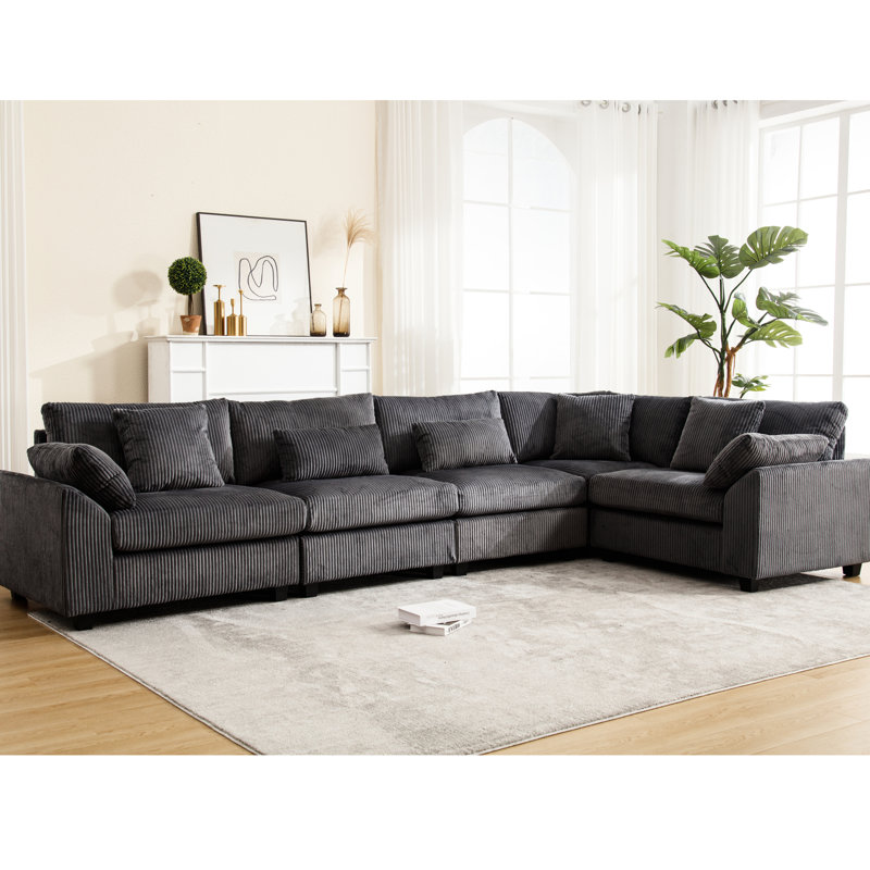 Canapé modulaire surdimensionné confortable en tissu velours côtelé 5 places gris foncé et tissu d'ameublement pratique modulaire