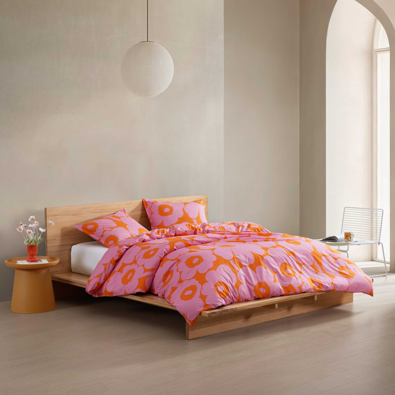 Marimekko Unikko Cotton Red Duvet Cover Set, King Duvet Cover + 2 King Shams, Orange