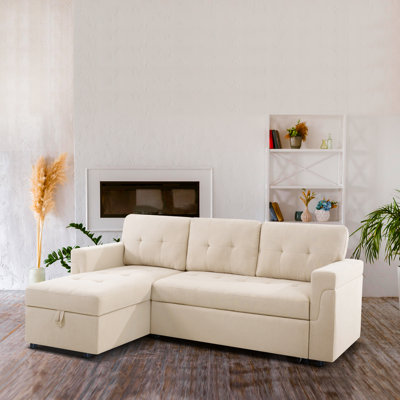 Gadalia Modern L-Shaped Sectional Sleeper Sofa with Storage Chaise, Pull-Out Bed Design – Reversible Velvet Couch for Small Spaces