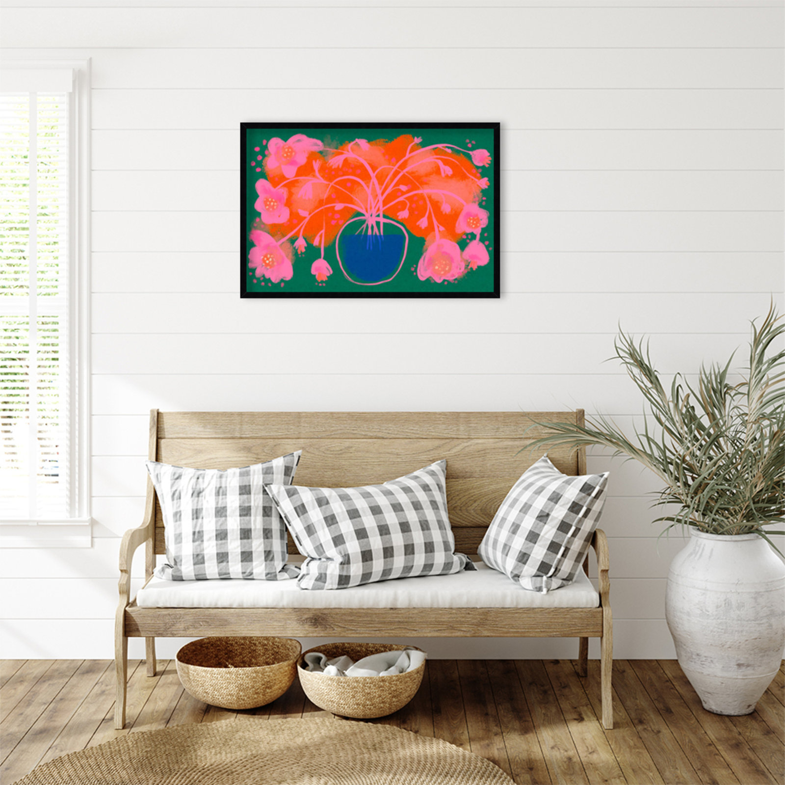 Pink Flower Bouquet by Treechild  Wood Framed Wall Art Print, 23" H x 33" W, Black