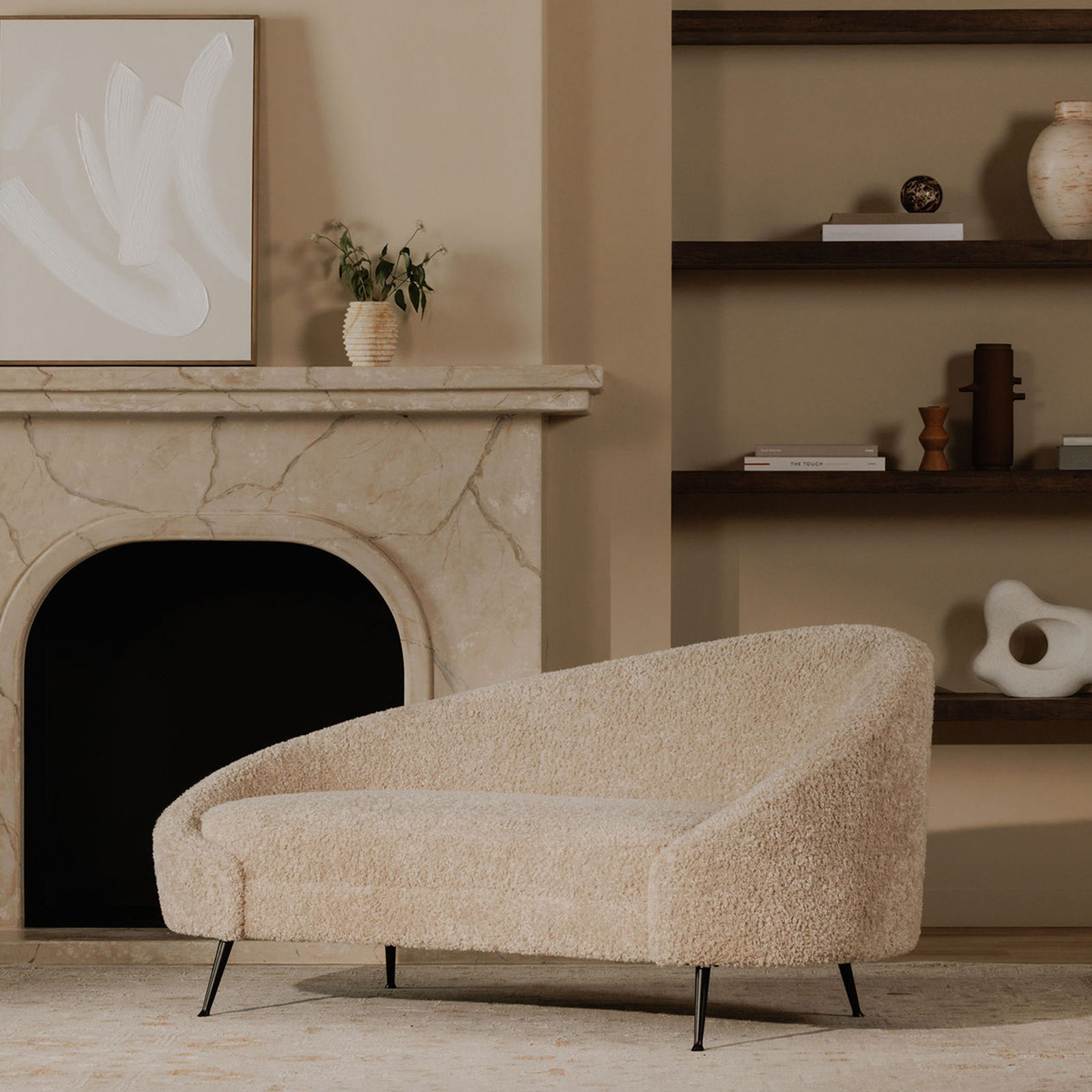 Nikita 66" Curved Upholstered Chaise Lounge, Toast Faux Shearling