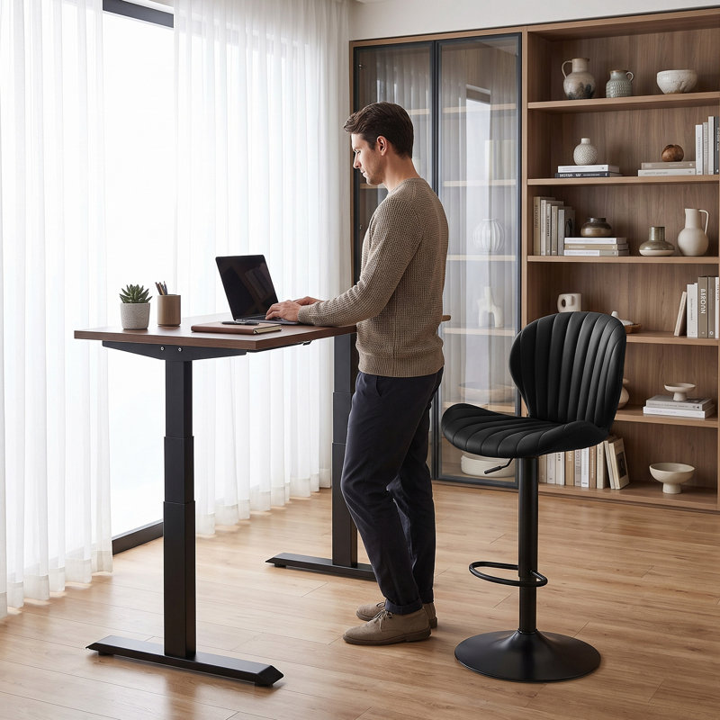 Ensemble de 3 tabourets de bar pivotants, hauteur réglable de 56 à 76 cm, en similicuir noir, avec dossier, pour îlot de cuisine et bar à domicile.