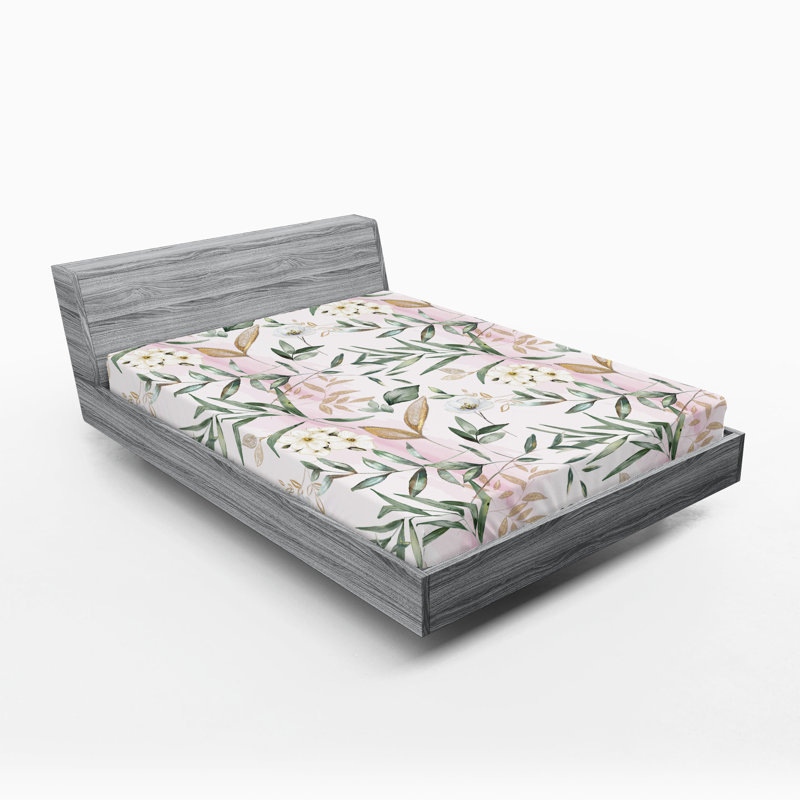 Drap-housse rustique Ambesonne, Soft Pink/Peacock Green Floral, Full Fitted Sheet
