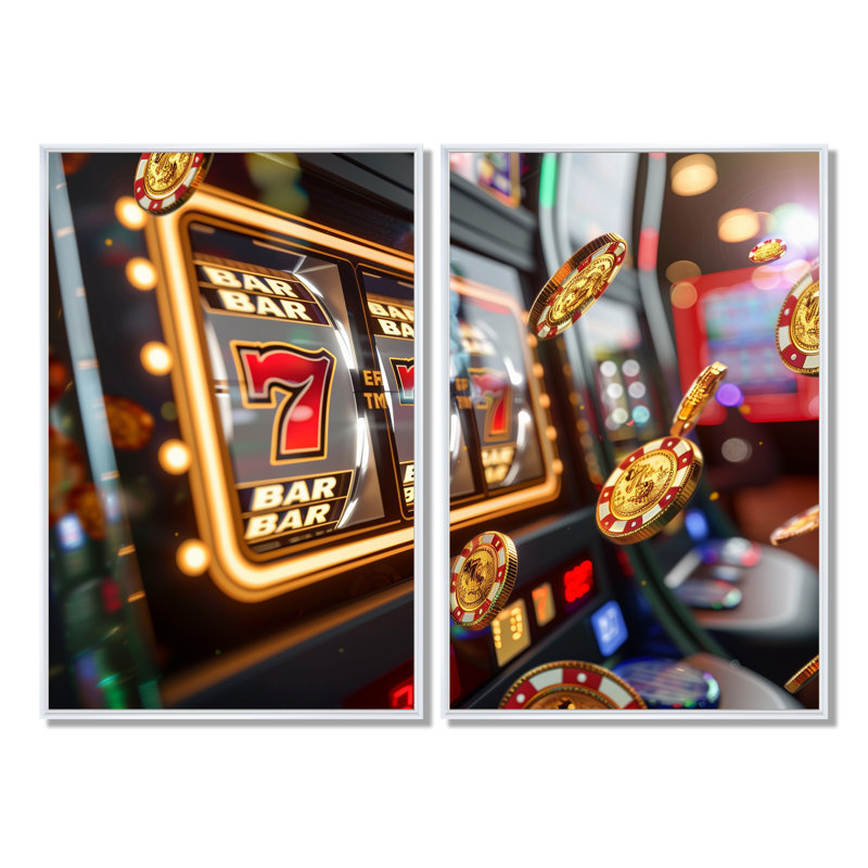 Machine à sous Jackpot Winner III - Art mural doré 2 pièces, 36" H x 48" W, Impression encadrée flottante, White
