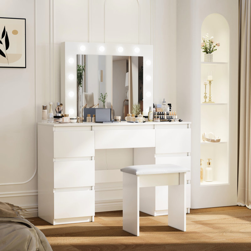 Meuble-lavabo blanc avec miroir et éclairage réglable, beaucoup d'espace pour le rangement des meubles de chambre à coucher, 3 lumières de couleur mat, beaucoup de rangement, design contemporain