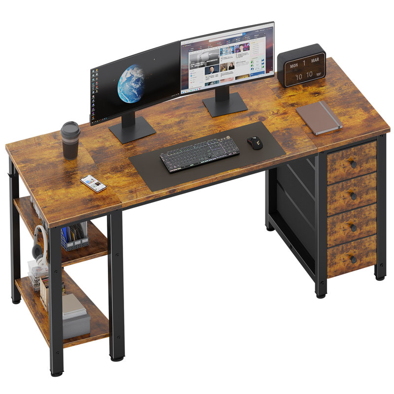 Rectangular Desk with Drawers & Storage Shelves, Brown, 29.5" H x 55.12" W x 18.9" D