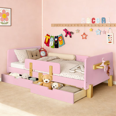 Kids Daybed Frame with Storage Drawers and Safety Guardrails,  Wood Daybed with Headboard and Hook Organizer, Pink, Twin