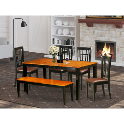 6 Piece Dinette Set Contains a Rectangle Dining Room Table with Butterfly Leaf and 4 Faux Leather Dining Chairs with a Bench, Black & Cherry
