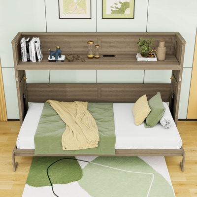 Twin XL Wood Murphy Bed with LED Light and USB Charging Station