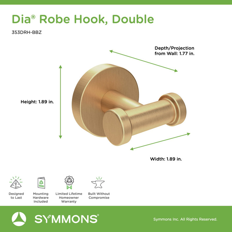 Dia Wall Mounted Double Robe Hook, Brushed Bronze