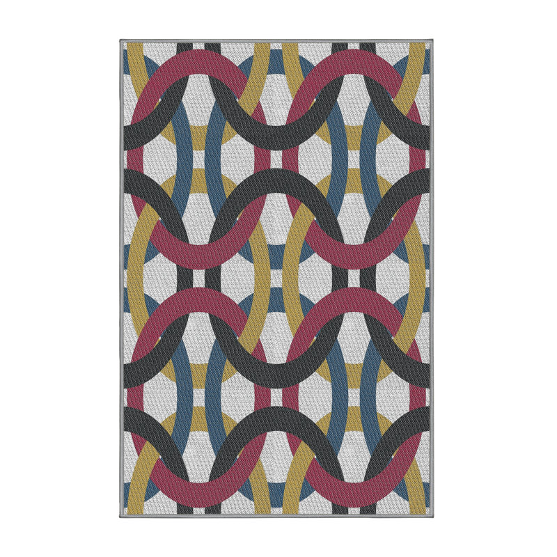 Rose géométrique/jaune/Tapis décoratif bleu, Rectangle 7 pi x 10 pi