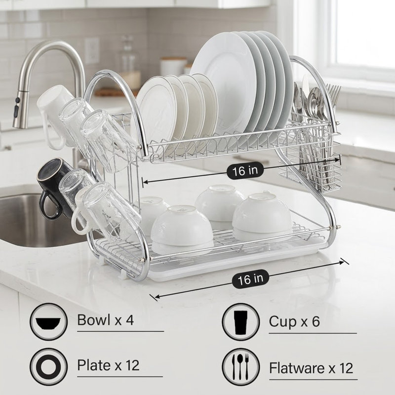 Dish Drainer 2 Tier 16", 15.6" H x 9.6" W x 16" D