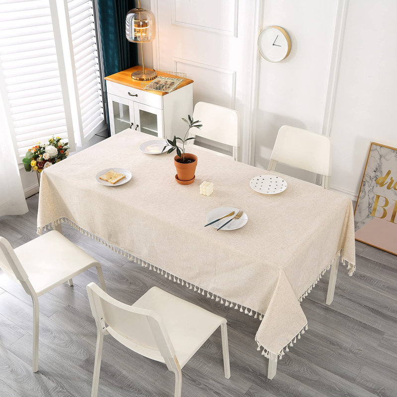 Beige Rectangular Cotton Linen Tablecloth with Tassel, Washable, Perfect for Kitchen, Dining, Parties