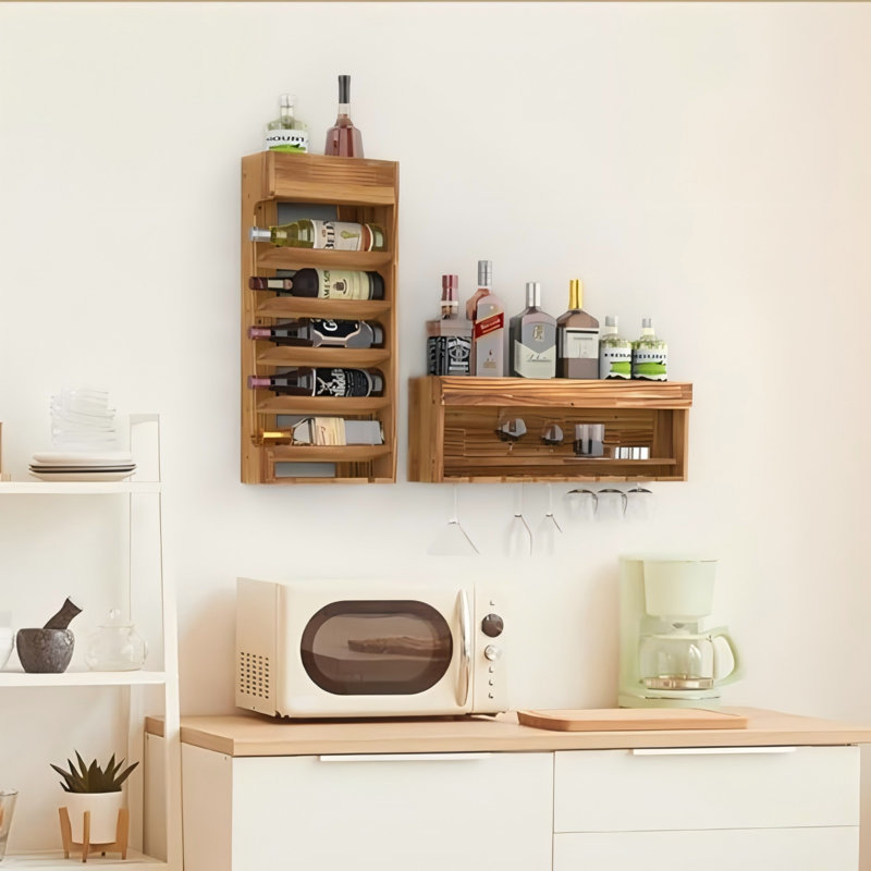 Vintage Wall Wine Rack, Wooden Storage With Glass Hanger, Beige