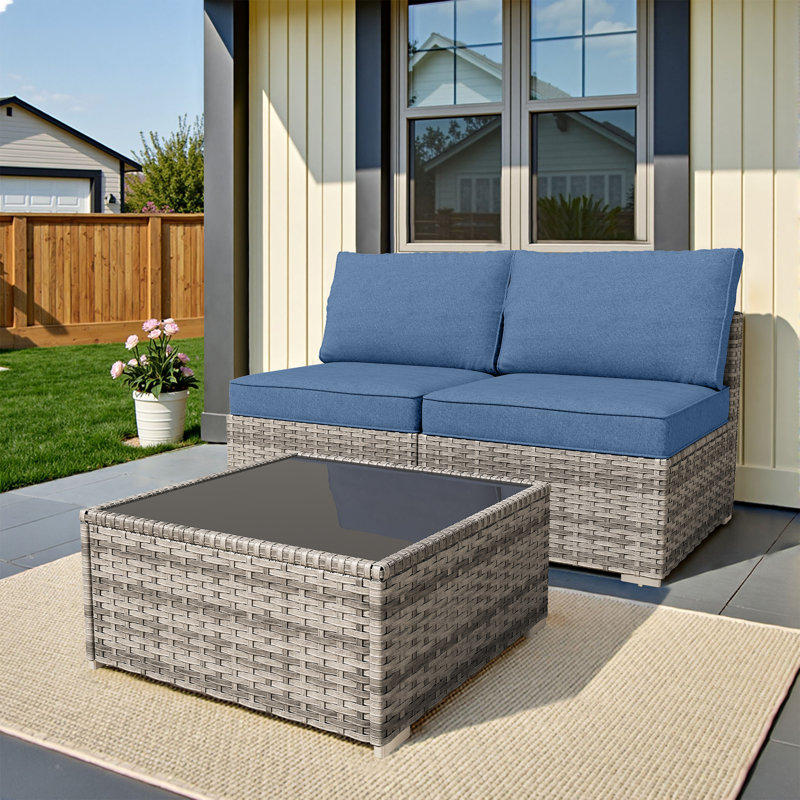 2-Person Outdoor Sectional With Cushions,All-Weather Wicker Patio Loveseat, Denim Blue