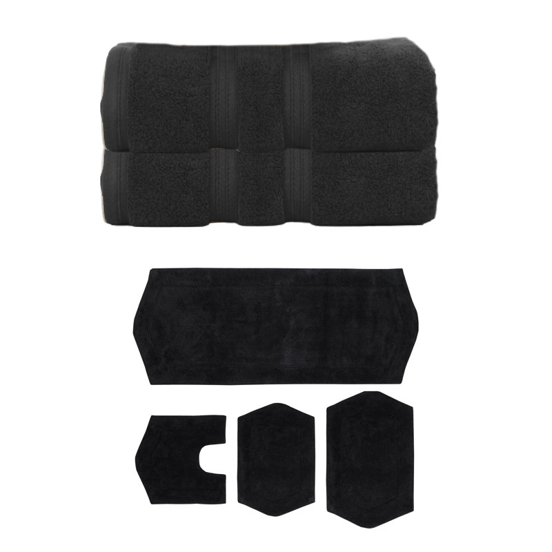 Bryd Collection 100% Soft Cotton 2 Pc Bath Towel Set & 4 Pc Bath Rug Set, (Set of 6), Black