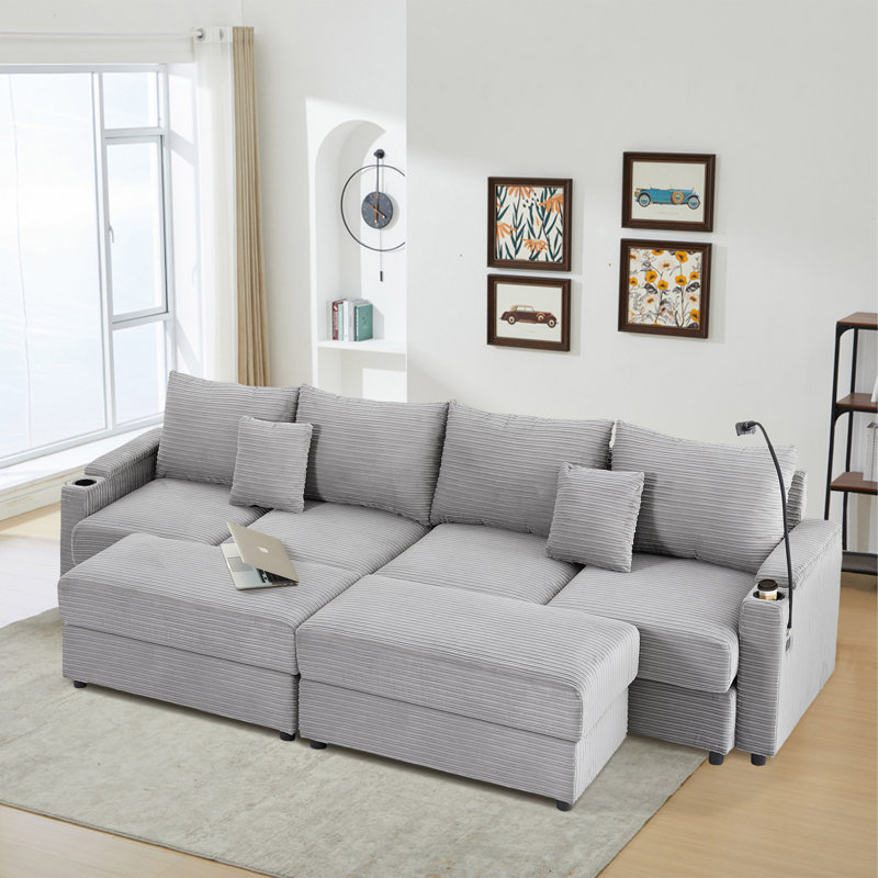 Canapé modulaire multifonctionnel avec repose-pieds, Velours côtelé gris, H 33,7 po x l 95,3 po x P 35,4 po