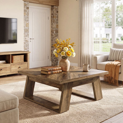 39.4" Square Coffee Table with Thickened Tabletop, Farmhouse Center Table with Geometric Wood Grain for Living Room, Apartment