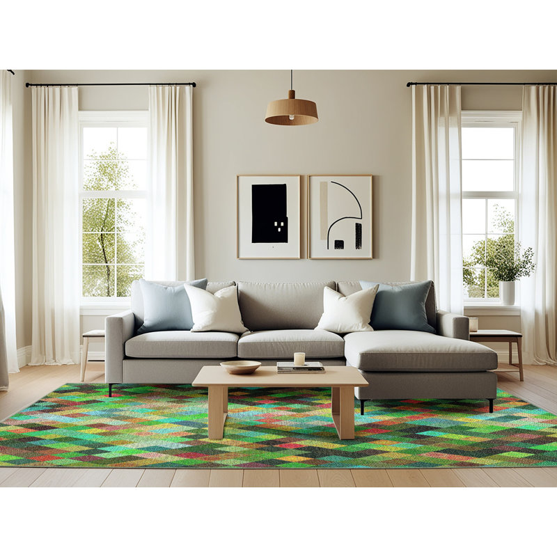 Tapis à motif géométrique vert, Rectangle 6 pi x 9 pi