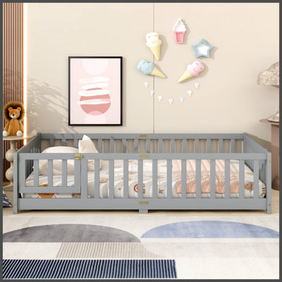 Twin Size Floor Bed with Fence and Door,Rubber Wood Floor Bed with Safety Guardrails,Grey P286372)