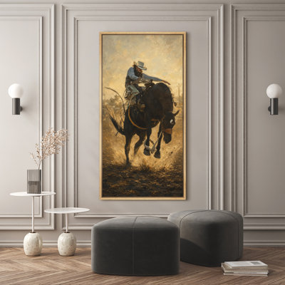 Western Cowboy Riding Bucking Horse Rustic Ranch Scene Extra Large Pictures Framed Canvas Print Wall Art