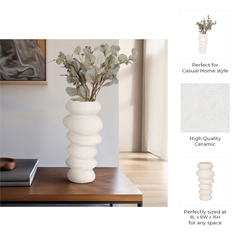 Vase en grès cérame à motif ondulé sculptural et forme artisanale texturée pour décoration moderne, H 16 po x l 8 po x P 8 po