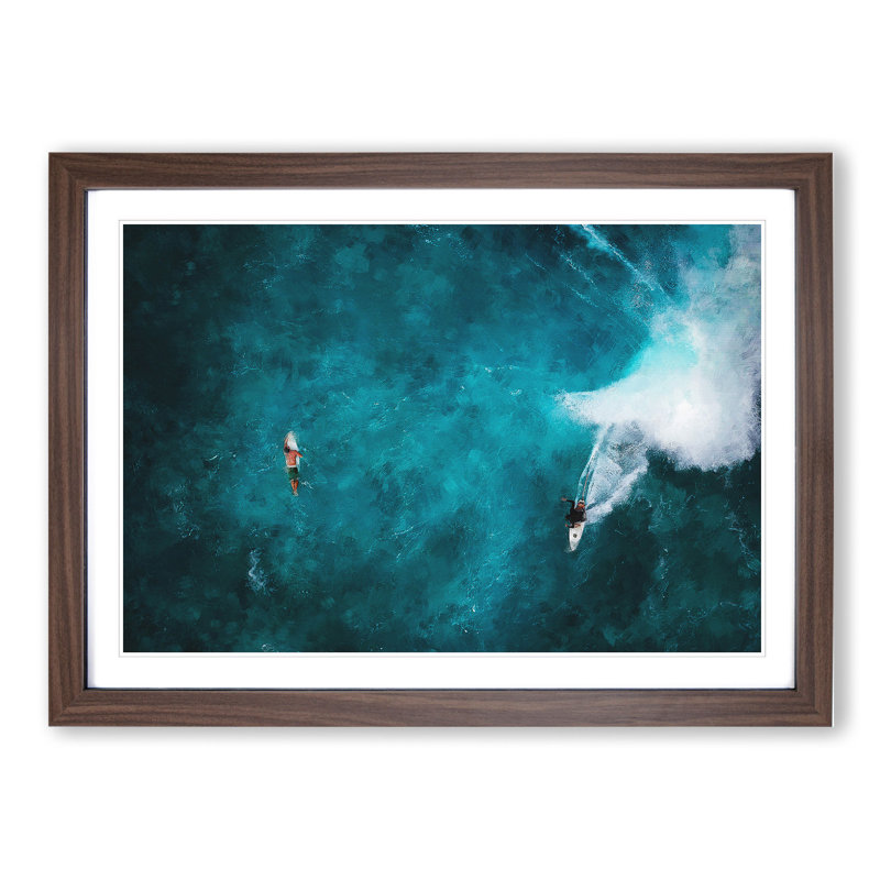 Surfers in Hawaii - Picture Frame Painting, Walnut Framed, 27cm H x 36cm W x 2cm D