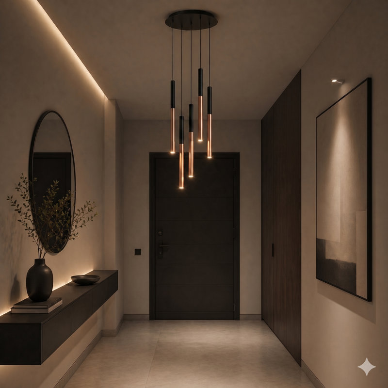 Luminaire suspendu cylindrique à 5 lumières DEL Baileyton, Plateau noir / cuivre brossé