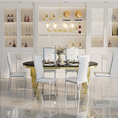 71”Black Glass Top Dinning Table Set for 6 by Everly Quinn