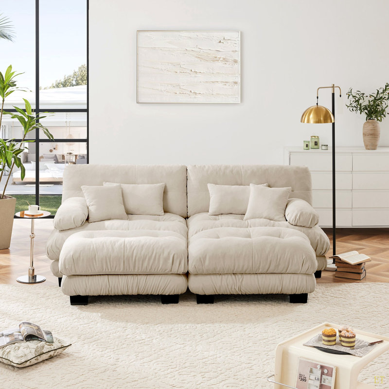 Canapé-lit Cloud pour le salon, canapé 2 places en chenille avec 2 coussins lombaires et 2 coussins décoratifs, canapé rembourré à accoudoirs larges avec 2 repose-pieds, chenille