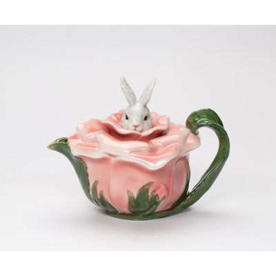 Pink Rosy Rabbit Floral Teapot- 5 3/4"H 