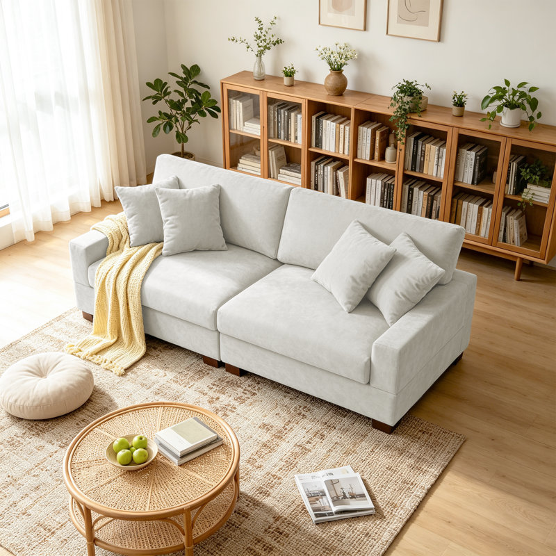 2 - Piece Upholstered Offwhite Chenille Modular Sectional Sofa with Armrests & Throw Pillows, Off White