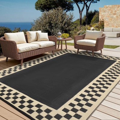 Tapis extérieur réversible, 9 pi x 12 pi, paille en plastique tissé imperméable avec bordure géométrique, léger et facile à nettoyer pour le patio, la terrasse, le balcon ou la plage