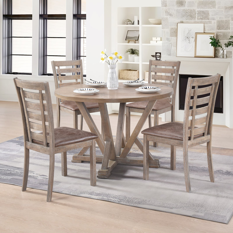 Rustic Farmhouse 5-Piece Dining Set with Round Pedestal Table and Faux Leather Chairs