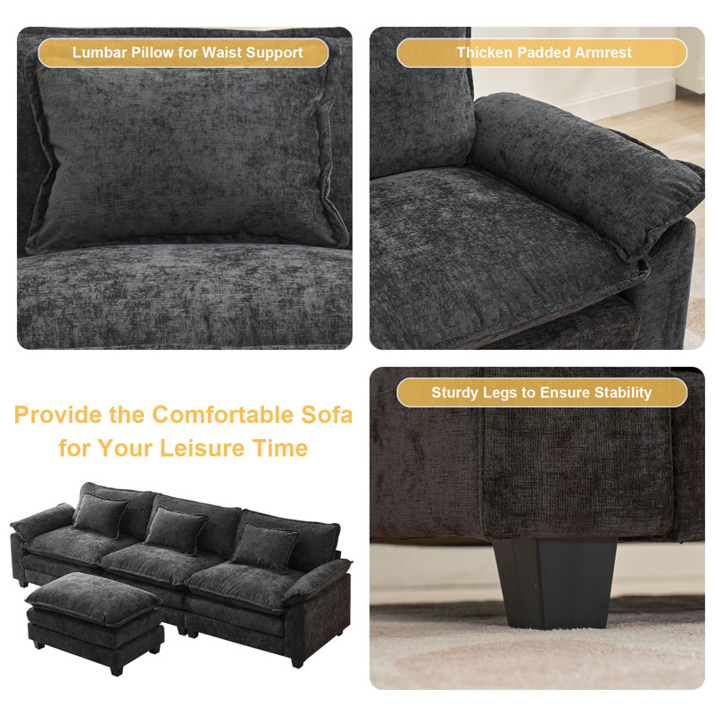 Canapé modulaire 120 po en chenille modulaire avec repose-pieds, canapé en forme de L pour siège profond, canapé rembourré surdimensionné à 3 places pour le salon, mobilier moderne et confortable