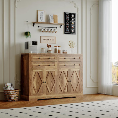 55" Farmhouse Buffet Cabinet with 4 Drawers and 4 Doors, Coffee Bar Sideboard Buffet Cabinet with Storage, Kitchen Wood Coffee Bar with Adjustable Shelf for Living Room Hallway
