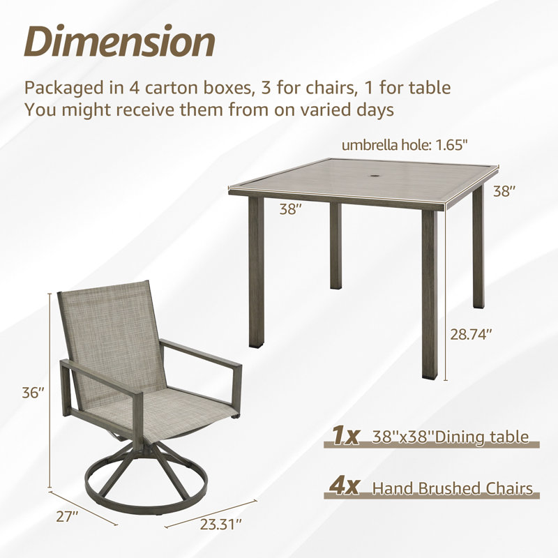 Bogdanka Outdoor 4 Person Dining Set, 4 Swivel Chairs and Woodgrain Steel Dining Table