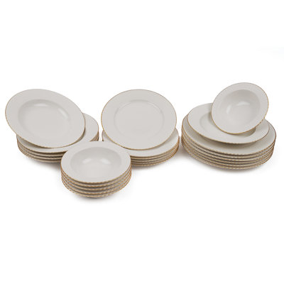 Ensemble de vaisselle élégant 24 pièces, blanc et doré, 6 assiettes de service (8,7 x 8,7 x 0,8 po), 6 assiettes (7,9 x 7,9 x 1,6 po), 6 bols (5,5 x 5,5 x 2,0 po), 6 assiettes à dessert ( 7,1 x 7,1 x 0,8 po) | 100% porcelaine, parfait pour les repas 
