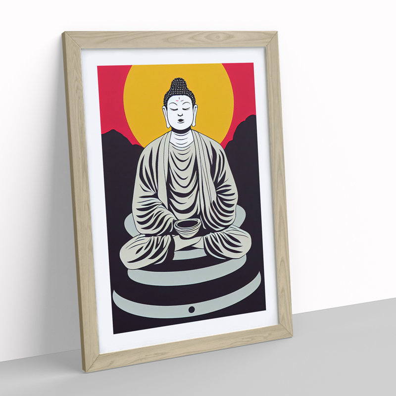 Buddha by Setting Sun - Wall Art, 66cm H x 48cm W x 2cm D, Oak Framed, White