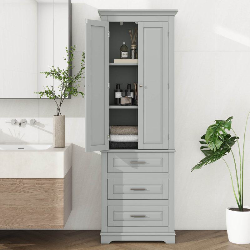 Grande armoire de rangement avec 3 tiroirs, tablettes réglables, armoire de plancher autoportante pour salle de bain et salon