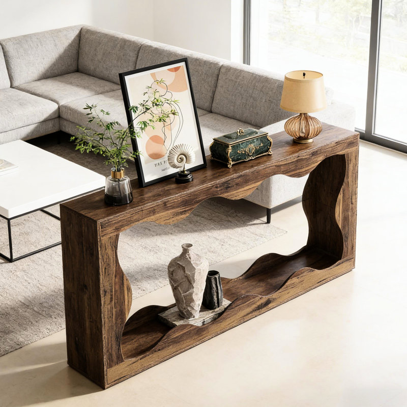 Moderne, industriel, table d'entrée, deux espaces de rangement spacieux, détails faits à la main élégants, grain de bois naturel, ondulations ludiques, brun rustique