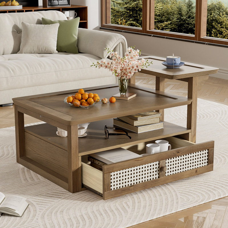Table basse, table basse avec 1 tablette de rangement, 2 plateaux de table et 1 tiroir en rotin pour le salon, Marron foncé