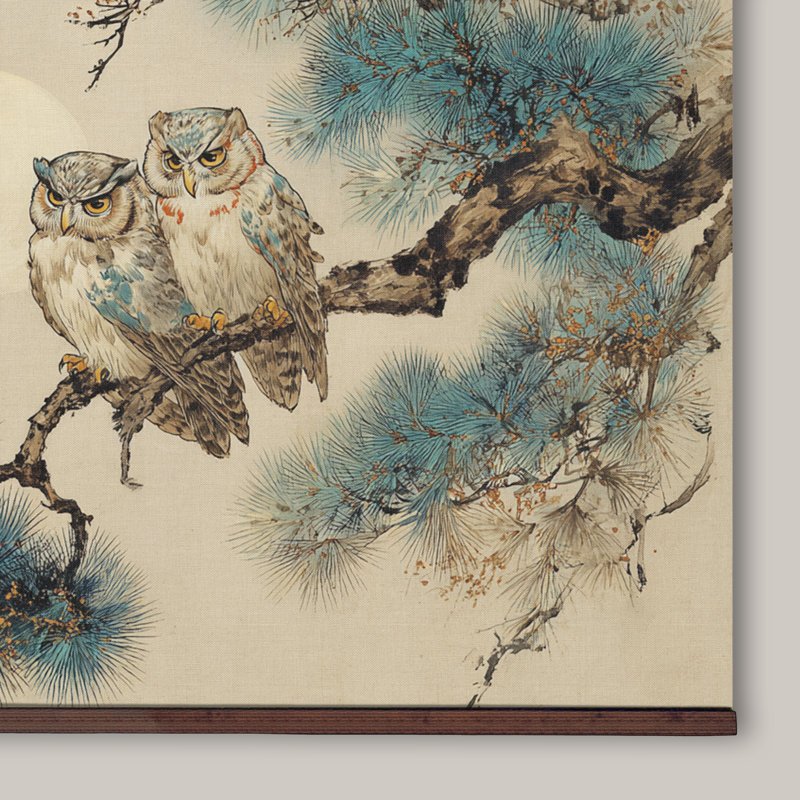 Owls on Tree Branch Tapestry Wall Art on Canvas, 32''Hx48''W